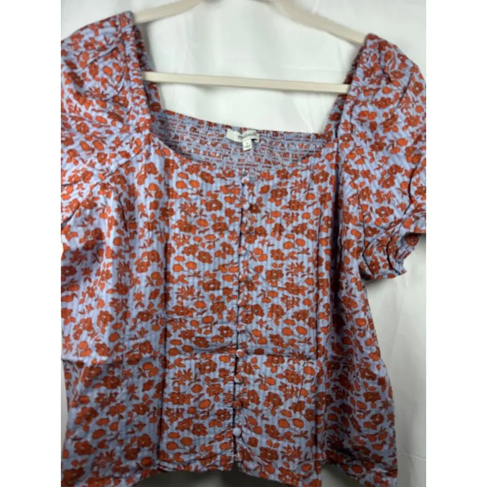 Madewell Floral Smocked Puff Sleeve Top‎ Blue Red Cotton Size 8 Boho